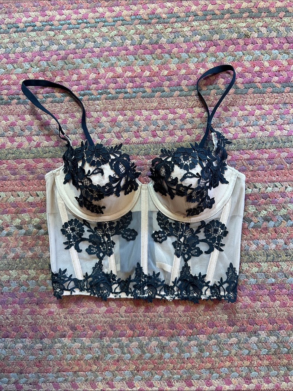 Victorias SECRET Sheer Lace Embroidered Longline Bustier - Black Nude